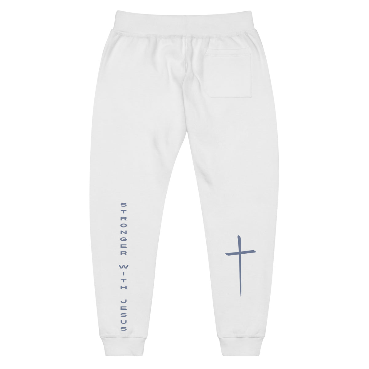 A pair of fleece lined sweatpants that have the words Stronger With Jesus on the back left leg of the pants, on the right leg is a large Jesus cross