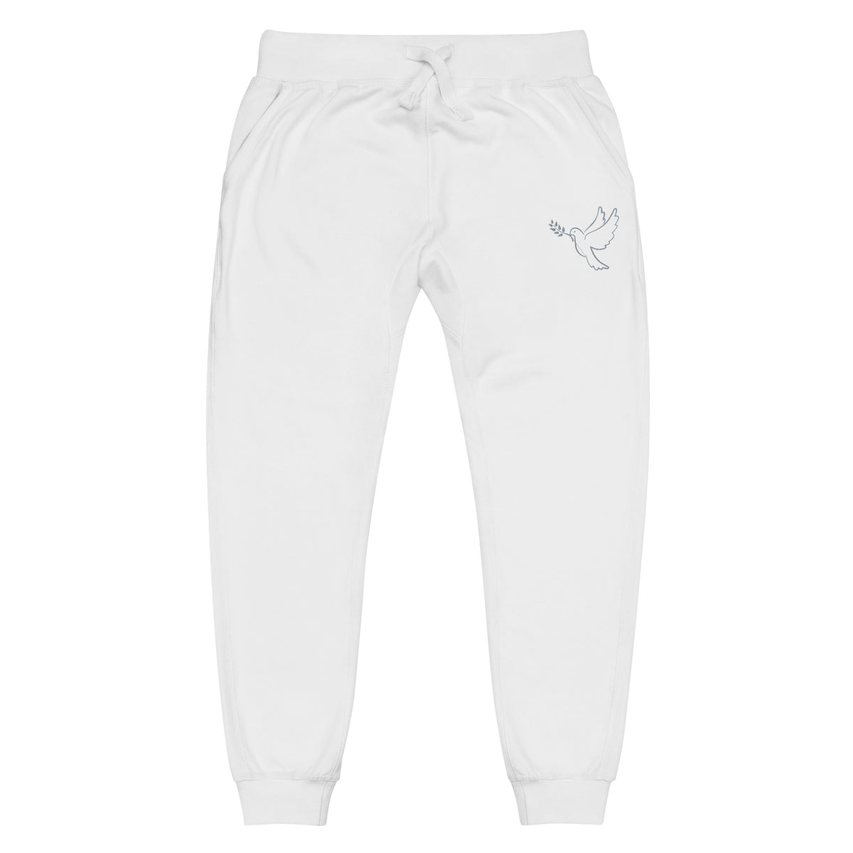 A pair of fleece lined mid rise skinny leg sweatpants with an embroidered silver dove carrying a fig leaf over the left front pocket of the pants.