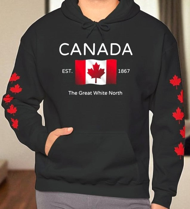 A custom hoodie with Canada in large letters on the front, there is a maple flag that looks like it is blowing in the wind with the words the great white north underneath, there are maple leaves along each sleeve of the hoodie.